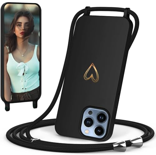 CaseLover Handyband kompatibel mit iPhone 15 Pro Hülle mit Band Herz Muster Silikon Necklace Handyhülle mit Abnehmbar Kordel zum Umhängen Stossfest Bumper Handy Schutzhülle für iPhone 15 Pro, Schwarz