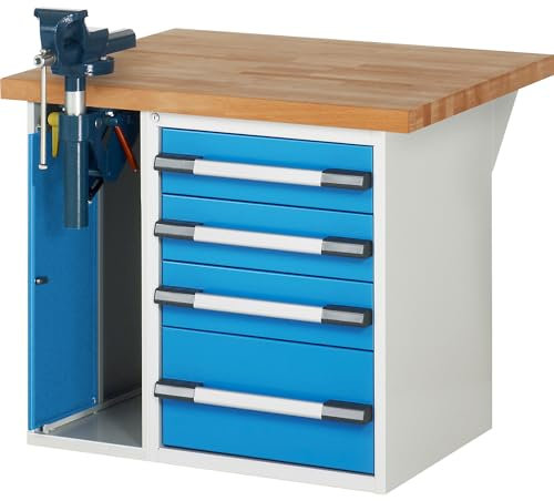 eurokraft | pro | Werkbank | Baukastensystem Serie 7000 | 4 Schubladen | 1 Schraubstock linksseitig | BxT 1000 x 900 mm