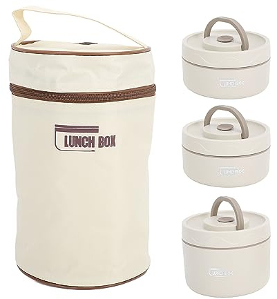 BORDSTRACT Insulated Lunch Container, 304 Stainless Steel Sealed, Multifunction Portable Round Thermal Bento Box with Thermal Bag(Beige 3Pcs)