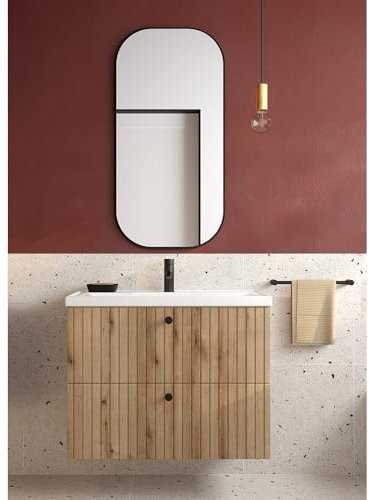 Lomadox Badmöbel Set Waschplatz Set 2-teilig, 80 cm Waschtich, Spiegel, Eiche