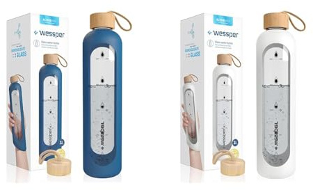 Wessper Bouteille d'eau de Motivation en Verre 1L/1000 ml avec Temps Horaire, Sans BPA, Gourde Hermétique