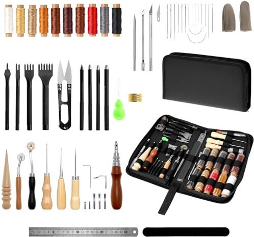QWORK Set da 52 pezzi in pelle, set di attrezzi in pelle con 10 colori di filo cerato, strumenti per punzonatura, aghi da cucito, utensili a pressione e molto altro ancora per la lavorazione della