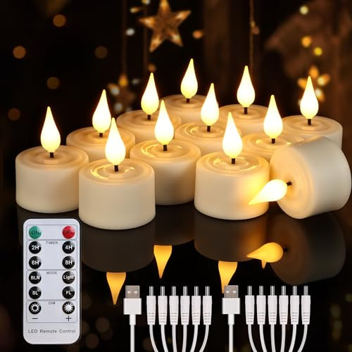 Cibnew 12er Wiederaufladbare LED Teelichter mit Fernbedienung | flackernde,Timer,Teelichter LED Aufladbar, 50-150 Std,Halloween Weihnachten Deko