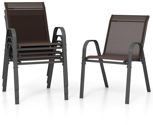 COSTWAY Juego de 2/4 Sillas Jardín Exterior Apilables, Sillas Terraza Exterior con Tejido Transpirable Patio Playa Terraza Piscina 56 x 70 x 84 cm, Carga 150 kg (4, marrón, Grande)