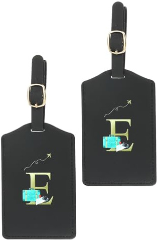 PATIKIL Erste Gepäckanhänger, 2er Pack Monogrammierte PU-Leder Kofferanhänger Bestickte Buchstaben Kofferanhänger Gepäckkennzeichnung für Gepäcktasche, Schwarz (E)