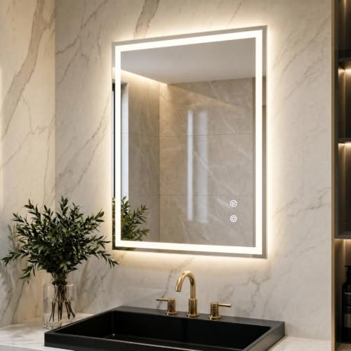 Clevich Rechteckiger LED Badspiegel mit Beleuchtung 70x50 cm, Anti-Beschlag | 3 Lichtfarben stufenlos dimmbar, Touch-Steuerung, 4mm gehärtetes Sicherheitsglas, Vertikale oder horizontale Wandmontage