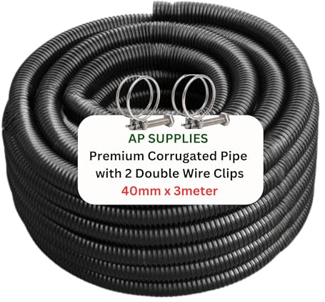 40mm x 3meter Flexible Pond Hose Corrugated Pipe with 2 Clips - Double-Wired Hose Clips for Pond Pumps, Filters, Drainage – Corrugated Water Butt Connector Pipe - Black