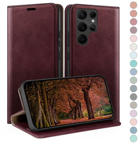 HUOUH für Samsung Galaxy S22 Ultra Hülle mit RFID Schutzhülle aus Lederhülle Handyhülle,Kartenfach Leder ständer Handy hülle,360 Grad Schutz Cover für Samsung S22 Ultra Klapphülle Wallet Case Rotwein