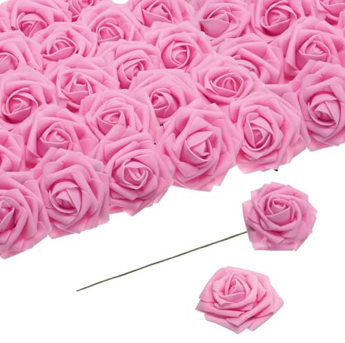 QUARKZMAN 25 Stück Schaumrosen Künstliche Blumen, Gefälschte Rosen mit Stielen Schaum Real Touch Faux Rosen für Hochzeit Party Büro Haus Dekoration, Tiefrosa