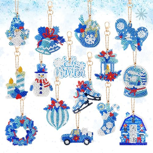 LYLIDIA 15 Stück Diamond Painting Weihnachten Schlüsselanhänger Neu 5D Winter Diamant Painting Anhänger Doppelseitig Weihnachtsbaum Hängedekoration Diamantmalerei Bastelset für Kinder Erwachsene