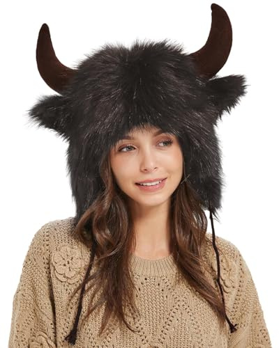 Bullhorn Hut - Warme Plüsch Winter Ohrenschützer mit Hörnern, Büffelhörner Hut | Tierhüte Ohr Kopfbedeckung Pelzhut für Männer und Frauen für Tier Cosplay Halloween Weihnachten Outdoor Abenteuer