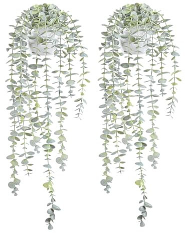 BACAMA Decorative Hanging Plants for Shelf, Faux Ivy Eucalyptus Vine, Fake Greenery in White Pot (Light Green, 2PCS)
