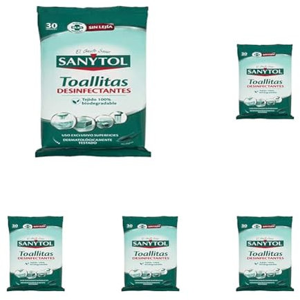 Sanytol – Toallitas Desinfectantes Multiusos, Eliminan Bacterias, Hongos y Virus Sin Lejía, Perfume Eucaliptus - 30 Toallitas (Paquete de 5)