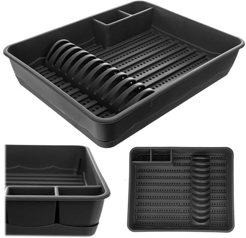 KADAX Escurreplatos de plástico, con cesta para cubiertos, 44,5 x 35,5 x 8 cm, bandeja de goteo, soporte para platos, vasos, cubiertos (gris)