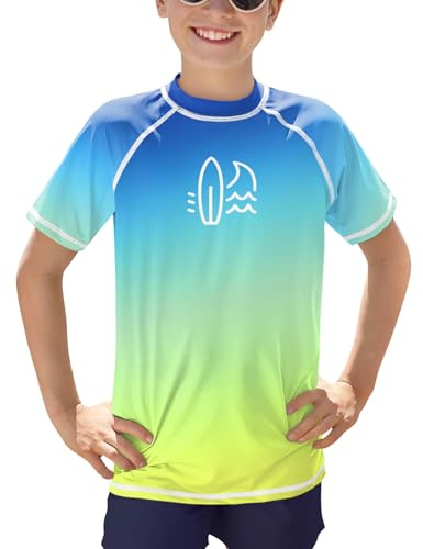BesserBay Kinder UPF 50+ Rundhals Badeshirt Schwimmshirt Bademode Blau Gelb Shirt mit UV-Shutz Rashguard 140