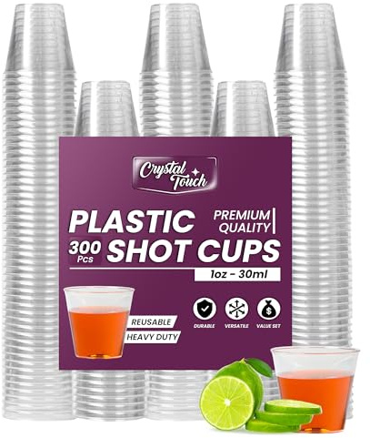 Crystal Touch Disposable Plastic Shot Glasses for Parties, 1oz Pack of 300 | Crystal clear durable dessert and tasting cups | Great choice for a birthday, wedding, festive gathering or anniversary party
