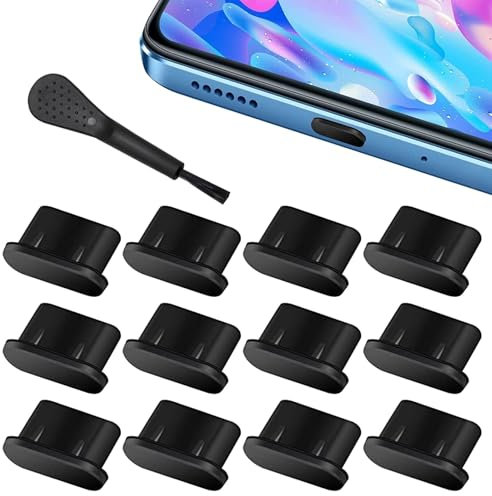 12pcs USB Type C Anti Dust Cap Cover Port Plugs Protector, Silicone USB C Cover Caps, Charging Port Cover Type-C Dust Protectors Stopper with Cleaning Brush for All Type-C Smartphones and Tablets