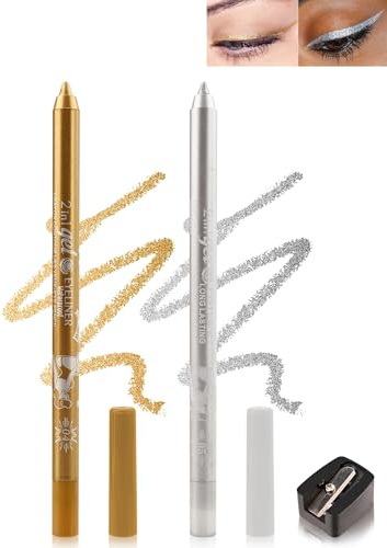 2Pcs Crayon Gel Yeux Pailleté Or Argent, Métallique Eye Liner Waterproof | Eyeliner Longue Tenue, Effet Tatouage avec Taille-Crayon, Anti-Salissures Hautement Pigmenté, Maquillage pour Party