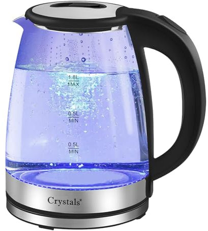Crystal 1.8L Glass Electric Kettle, 1500W Fast Boil | Cordless BPA-Free Water Kettle with Blue LED, Auto Shut-Off, Boil-Dry Protection, Perfect Pour Spout, Low Wattage Travel Kettle – (Transparent)