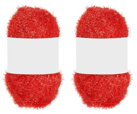 PATIKIL 2 Skeins 109 Yards Scrubbie Yarn, Sparkle Yarn Polyester Scrubbie Sparkle Red Heart Glass for Dishcloths Crocheting Knitting Blanket Rug Sweater Scarf Hat, Red