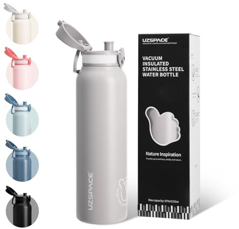 UZSPACE Edelstahl Trinkflasche 1L(970ml), Sport Trinkflasche Auslaufsicher | Isolierte Doppelwandige Sportflasche, Ein-Hand-Öffnung, Wasserflasche für Wandern Fitness Gym Outdoor Arbeit, Grau