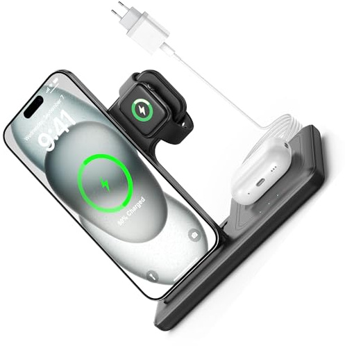 Chargeur Induction sans Fil - 3 en 1 de 15W Wireless Charge Magsafe Station for Phone 16 15 14 13 12 11 Pro Max Plus, Earbuds Pro 4 3, Watch Ultra 10 9 8 7 6 5 4 3, avec Prise 20W et Cable 1M