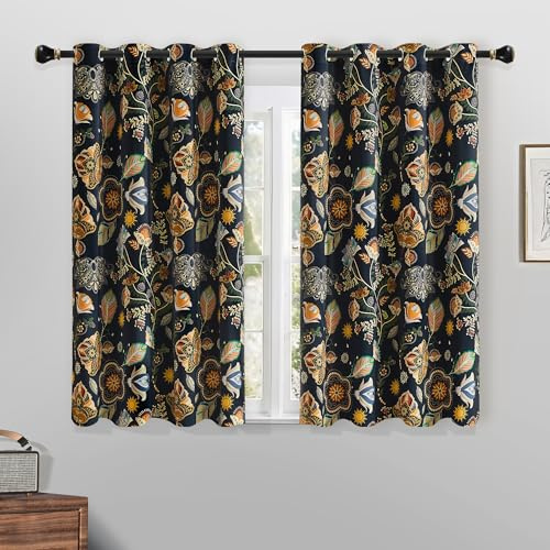 XiDi Cortinas 100% Oscurecedoras Azul Marino - 137cm Estampado Floral Vintage | 2 Paneles Térmicos Ojales 4cm