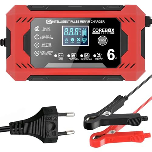Binnan 6A Chargeur de Batterie Voiture, 12V Chargeur de Batterie avec Écran Tactile LCD, Chargeur de Batterie Intelligent Moto avec Fonction Réparation pour Auto Camion Moto, Wet, SLA, AGM, Gel