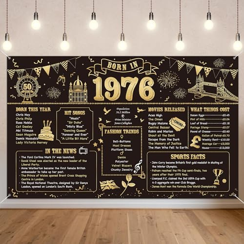 Benjia 50th Birthday Banner Decorations for Men Women Born in 1976 UK Background Happy 50 Years Old Birthday Backdrop Cheers to 50 Years Banners Black Gold Poster Bday Gift Home Decor Party Supplies