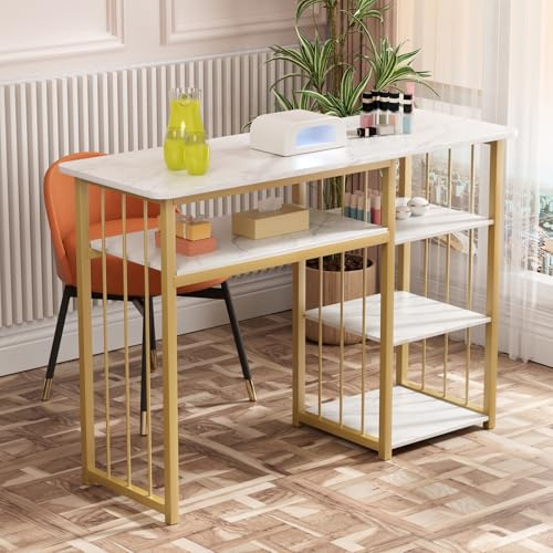 Mesa de uñas, mesa de manicura, escritorio de manicura con textura mármol, escritorio técnico multiestante abierto, mesa de uñas profesional para salón de belleza, spa, muebles de salón impermeable