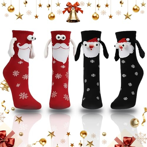 fshxj 2 pares de calcetines de Navidad, peluches, regalos para parejas en Navidad, calcetines divertidos, magnéticos con calcetines, imanes de sujeción, calcetines magnéticos de Navidad, para