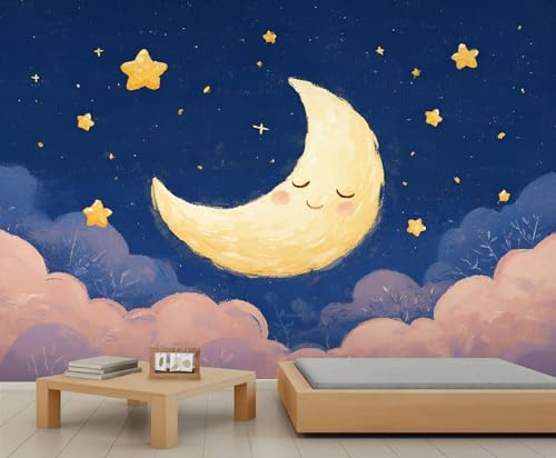 Kinder-Tapete mit Mond, Sternen, Wolken, funkelnd, kleiner Stern, Schlafzimmer, blauer Sternenhimmel, Cartoon-Wandbilder für Wohnzimmer, dekoratives Zimmer, Wandbild, Poster, 490 x 350 cm