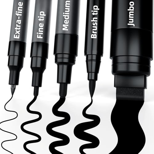 TECADA 5 Black Paint Pens, 5 Different Tips Acrylic Paint Markers for Rock Painting, Glass Marking, Canvas, Wood, Tire, Metal, Fabric - Extra Fine, Fine, Medium, Brush Tip & Jumbo Pens