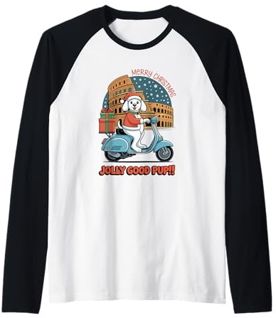 Jolly Good Pup Christmas Scooter Perro Roma Camiseta Manga Raglan
