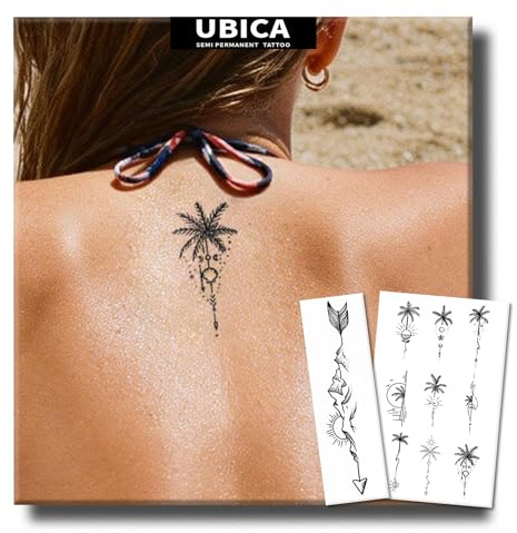 UBICA Coconut Tree Semi Permanent Tattoo, 2 Sheets Fine Line (Sun & Mountain Beach) Temporary Tattoo, Waterproof Hawaii Tattoos for Vacation Holiday Party, Lasts 1-2 Weeks Body Art for Back Arm