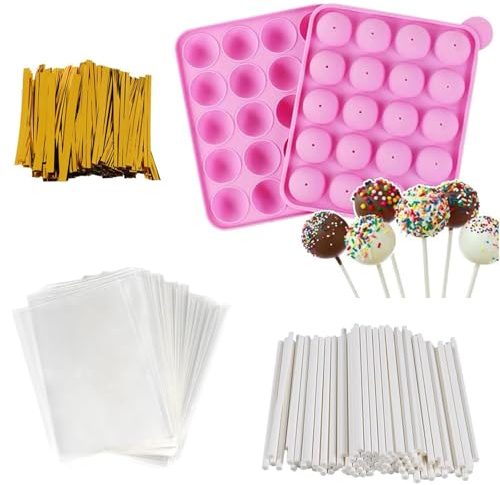 221Pcs Cake Pop Kit - Silicone Cake Pop Mould with 20 Sticks, 100 Bags & 100 Twist Ties, Complete Set for Cake Pop Maker, Lollipop, Chocolate and Baking