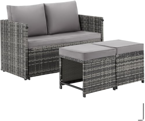 tectake® 2-i-1 lounge-set med multifunktionell utemöbel i polyrotting med fotpallar, justerbart bord i träoptik, vattenavvisande dynor och stabil stålram för balkong, terrass & trädgård - Grå