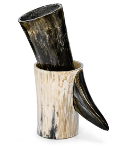 JRose Collections Natural Ox Drinking Horn & Matching Horn Cup Gift Set 20cm, Approx. 300ml Handmade Viking Drinking Horn with Rustic Horn Mug, Medieval Ale Mead Beer Goblet, Unique Natural Horn Gift