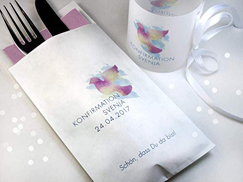 10 Stück personalisierbare Bestecktasche Kommunion Konfirmation Taufe Jugendweihe Motiv Taube Aquarell