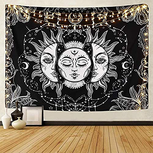 LOMOHOO Tarot-Wandteppich Sonne und Mond Psychedelische Tapisserie Schwarz Himmlisch Wandbehang Wandteppiche indisch Mandala Bohemien Hippie Strand werfen (A-Sonne und Mond, L/148cmx200cm)
