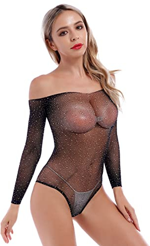 IBAKOM Women's Sparkly Glitter Rhinestone Fishnet Sheer Mesh Bodysuit Long Sleeve Leotard Top Teddy Lingerie Catsuit Stage Clubwear Nightclub Rave Outfit Black One Size