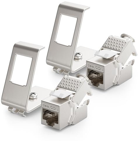 deleyCON 2x CAT6a Keystone Jack Module Avec 2x 1-Port Adaptateur Pour Profilé Chapeau Comme Set Métal STP Blindage RJ45 Femelle 10 Gbit/s Réseau Montage Snap-In Pour Profilés Chapeau 35mm