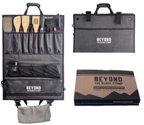 Beyond the Black Stump Camp Kitchen Organizer and Utensil Kit - Set of 14 - Travel Organizer - Grill Accessories - Portable Camping Gear