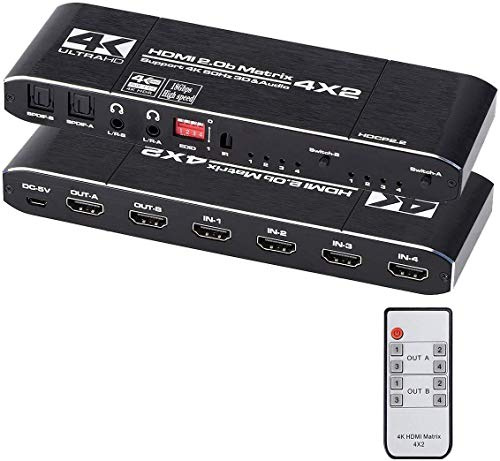 HDMI Matrix 4x2 4K @ 60Hz HDR Switch Splitter 4 in 2 out YUV 4：4：4 Optical SPDIF + 3.5mm jack Audio Extractor HDMI Switcher