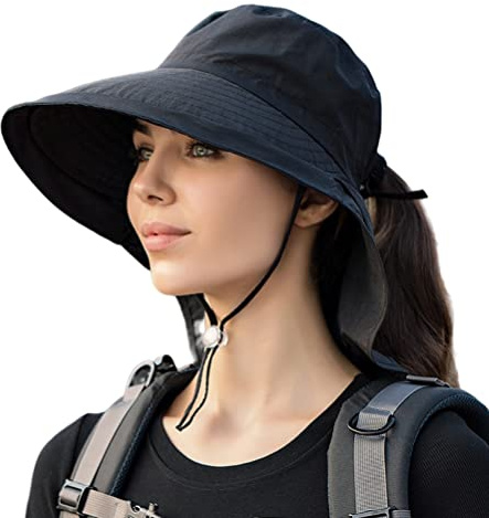 Tumnea Sombrero para el Sol de ala Ancha para Mujer, Sombrero para el Sol con Solapa en el Cuello, Sombrero de Verano con protección UV, Sombrero de Pescador con Agujero de Cola de Caballo
