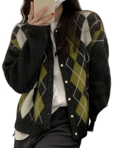 Maglione Autunnale alla Moda per Le Donne 2025 Grunge Argyle Plaid Preppy Y2K E-Girl Cardigan a Maglia Grossa Maglione Vintage Nonno, Colore: Nero., XL