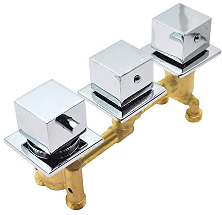 Square 2 or 3 Way Diverter Bathtub G1/2 Brass Auto-Thermostat Faucet Shower Waterfall One Piece Handle 3 Knobs Bath Mixer Tap Water Mixing Valve, Thermostatic Cartridge, Triple Handle (3 Way)
