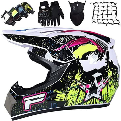 Casque Motocross Homme Set, Casque Moto Cross Intégral, Casque Downhill Moto Enfant avec Gants/Lunettes/Masques/Filet de Casque, Casque Off-Road pour BMX MTB Dirt Bike Quad Enduro ATV (S-XL, 52-59CM)