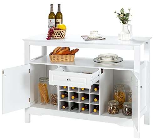 LIFEZEAL Köksskåp med vinhylla, lådor och dörrar, sideboard, sidoskåp, trä, vinskåp, 116 x 40 x 82 cm, bufféskåp, vitrinskåp, byrå för matsal, kök (vit)