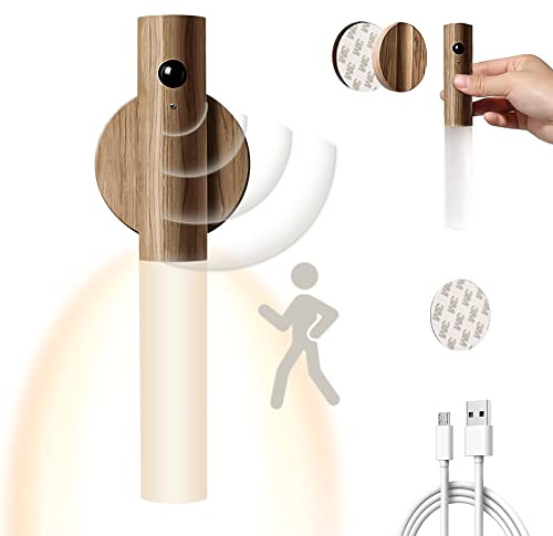 USB Rechargeable Wooden wall Light with Switch, Wireless Battery-Operated Indoor Light with Motion Sensor, LED Wall Lamp Battery-Operated Magnetic Bedside Lamp Warm White